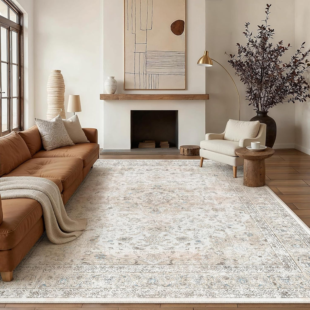 8x10 Washable Vintage Area Rug for Living Room Bedroom Beige Grey Soft Tranditional Non Slip Large Throw Rug Lightweight Floral Low Pile Distressed Carpet Office Playroom Dining Room