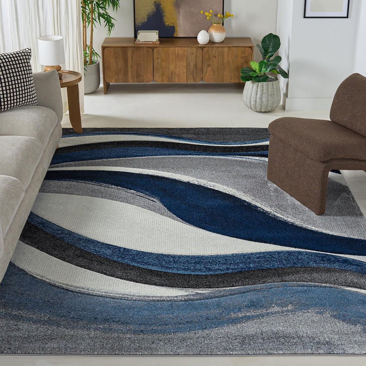 SAFAVIEH Area Rug 8x10 - Hollywood Collection - Large - Grey & Blue, Mid-Century Modern Design, Non-Shedding & Easy Cleaning, Ideal for Living Room, Bedroom, Office, Dining Space (HLW766F)