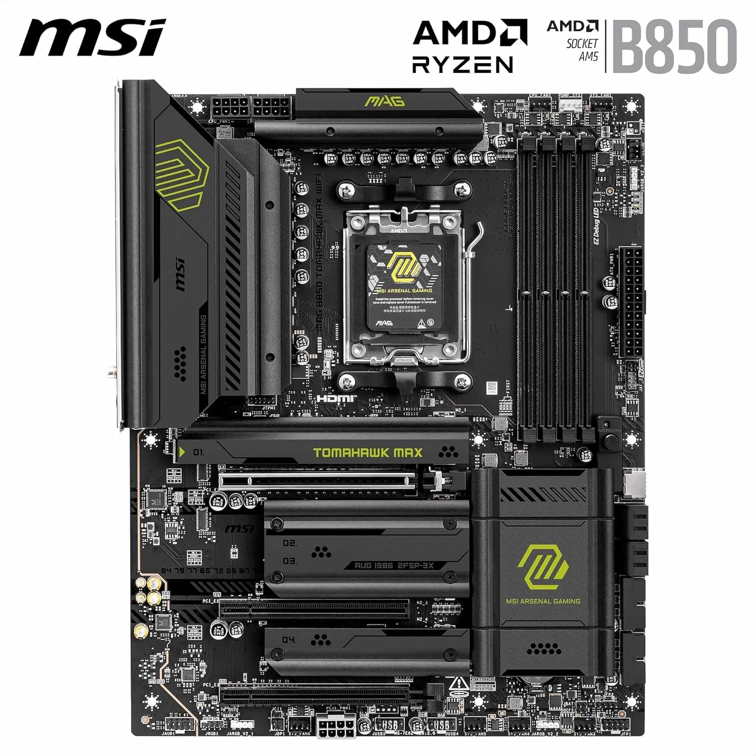 MSI MAG B850 Tomahawk MAX WiFi Motherboard, ATX - Supports AMD Ryzen 9000/8000 / 7000 Processors, AM5-80A SPS VRM, DDR5 Memory Boost 8400+ MT/s (OC), PCIe 5.0 x16, M.2 Gen5, Wi-Fi 7, 5G LAN
