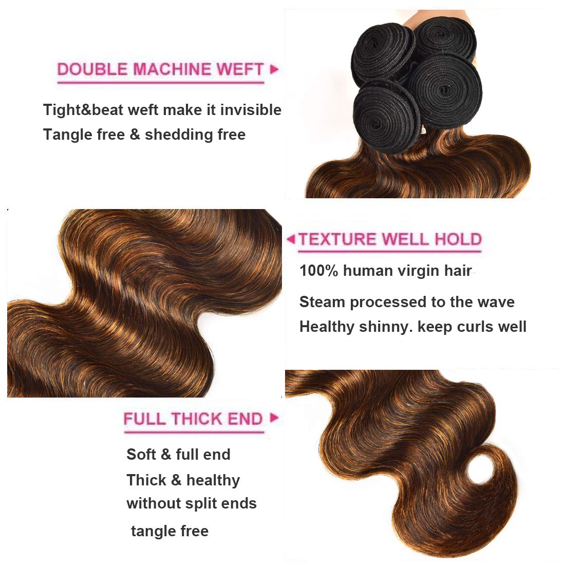 UNICE Brown Highlight Body Wave Human Hair Weave 3 Bundles 16 18 20 inch, Brazilian Remy Ombre Blonde Wavy Sew in Piano Color TFB30