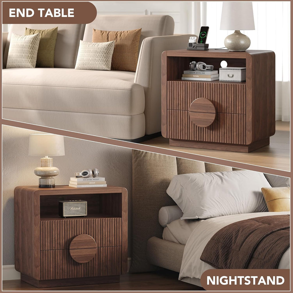23" Wide Fluted Nightstands Set of 2, Mid Century Bedside Tables with Charging Station, Wood End Table with 2 Drawers and Open Shelf for Bedroom, Home Office, Walnut