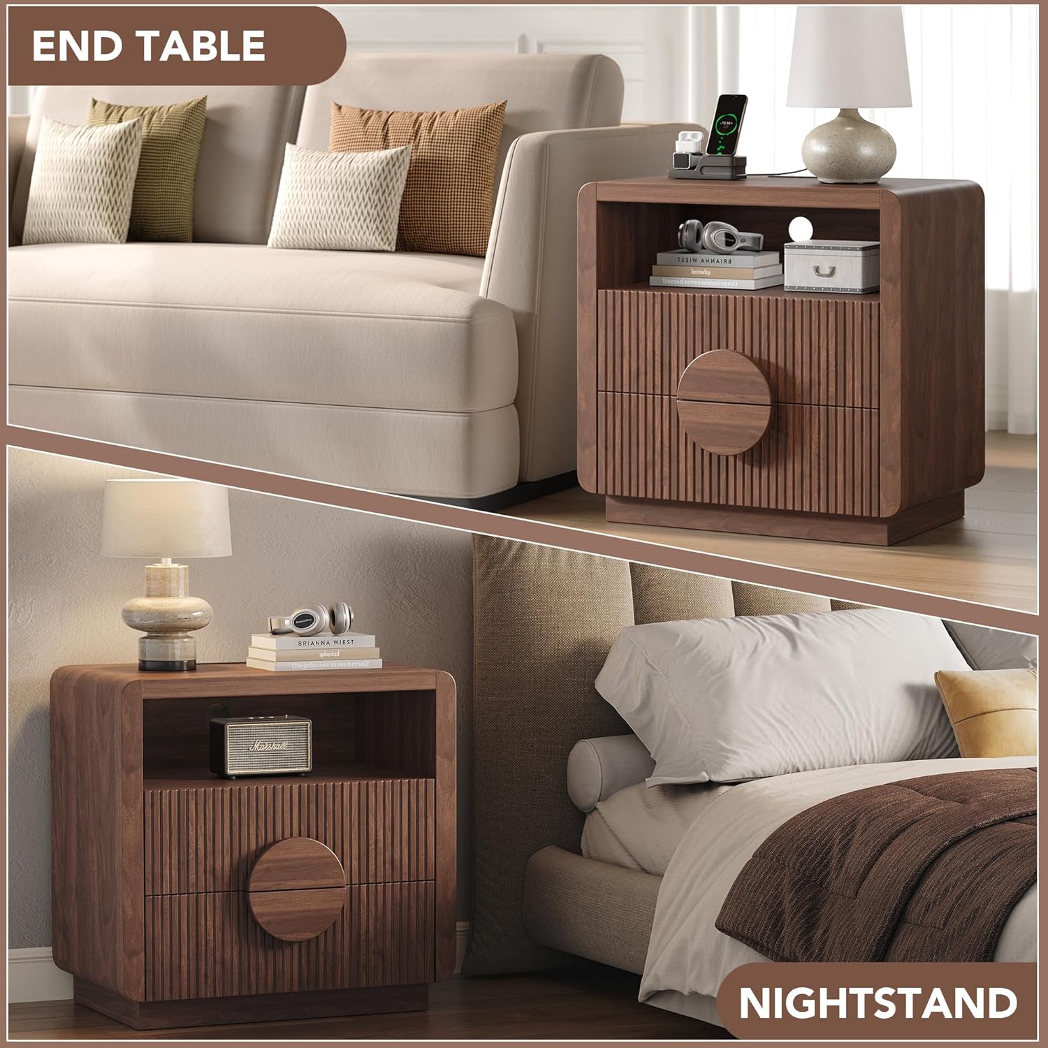 23" Wide Fluted Nightstands Set of 2, Mid Century Bedside Tables with Charging Station, Wood End Table with 2 Drawers and Open Shelf for Bedroom, Home Office, Walnut
