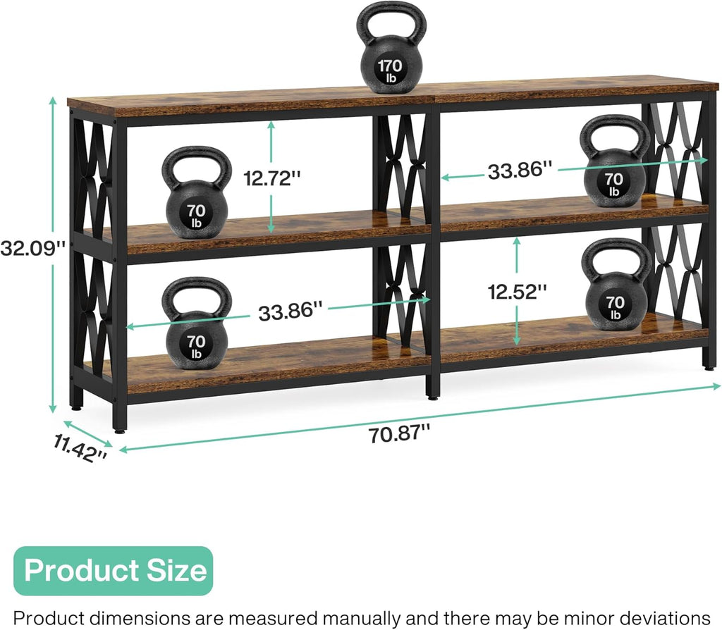 LITTLE TREE Console Table with Storage Shelves, 70.9" Industrial 3-Tier Sofa Table for Living Room, Long Foyer Table Entryway Table for Hallway, Front Door, Entrance, Rustic Brown & Black