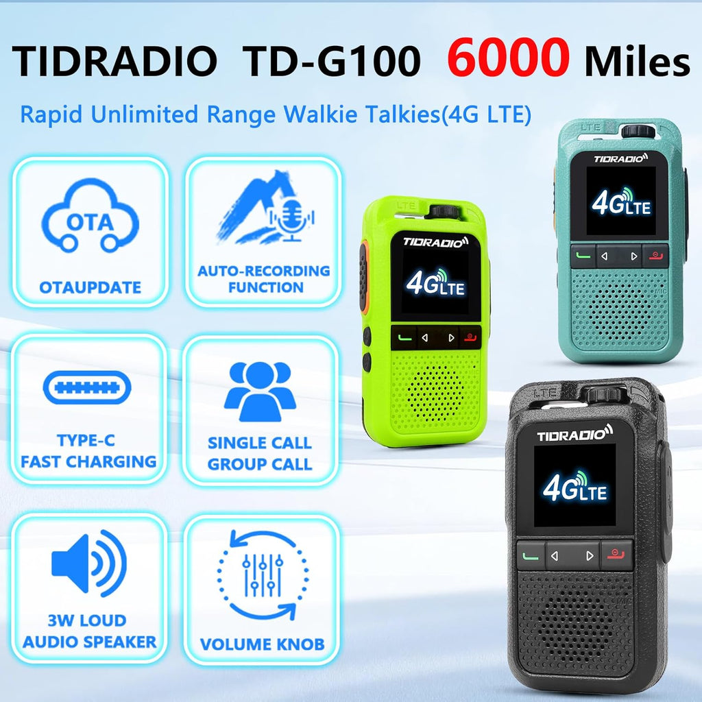 TIDRADIO Unlimited Range Rapid Walkie Talkies 6000+Miles,4G LTE Long Range PoC with SIM Cards,Nationwide PPT Two-Way Radios, Global Long Distance Radios for Family,Logistics,Construction site,TD-G100