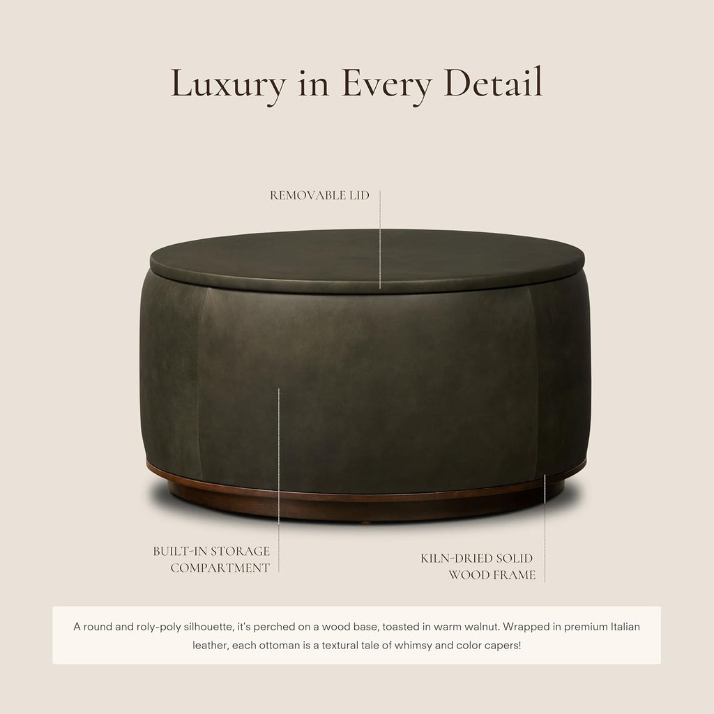 Poly & BARK Herve Storage Ottoman – Round Italian Full-Grain Leather Ottoman with Hidden Storage – Solid Wood Base in Walnut Finish – Olivine Green