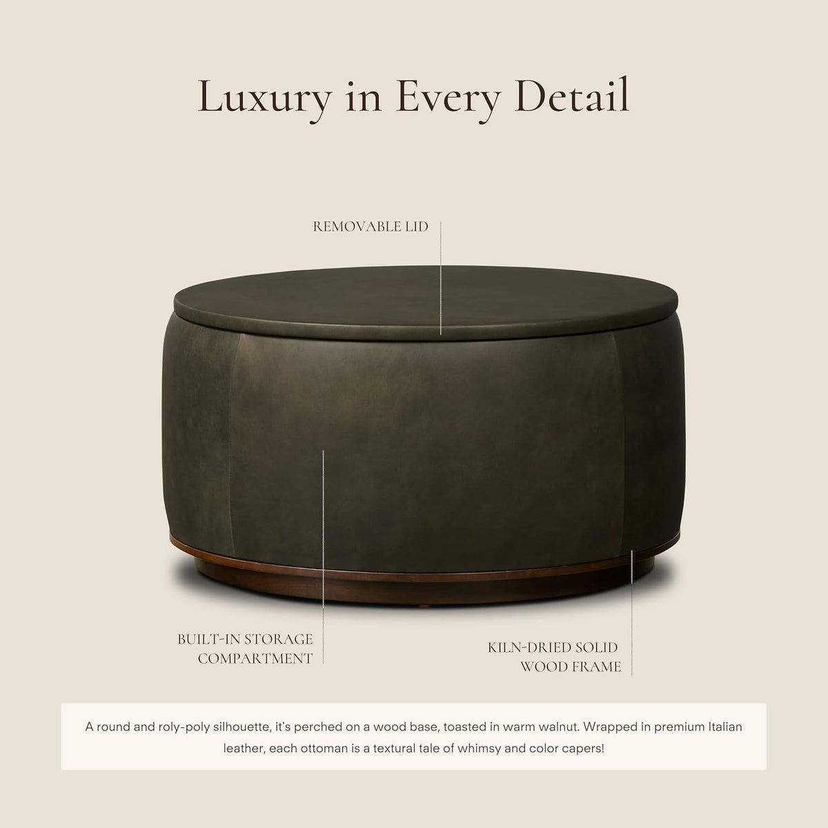Poly & BARK Herve Storage Ottoman – Round Italian Full-Grain Leather Ottoman with Hidden Storage – Solid Wood Base in Walnut Finish – Olivine Green