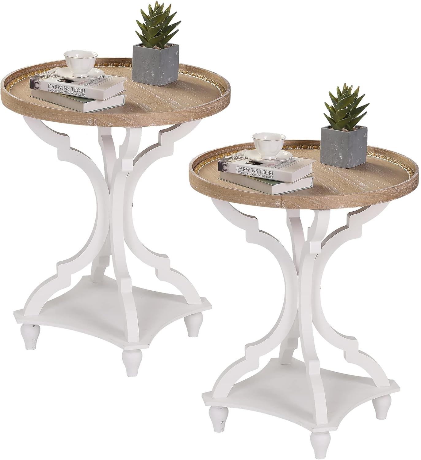 Wnutrees Farmhouse Round Accent End Table, Rustic Side Table Nightstands for Living Room, Wood Tray Top, Handcrafted Finish, Set of 2, White