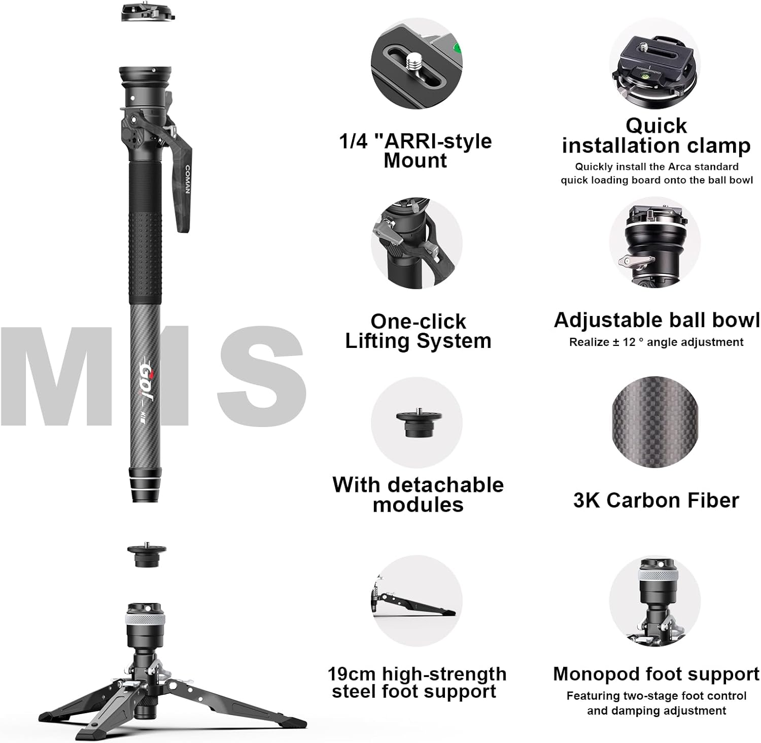 COMAN One-Click Lifting Monopod with Feet, 65'' Travel Monopod with 360° Ball Bowl Head, Lightweight Camera Tripod with Arca Quick Release for Canon Nikon, DSLR Cameras, Max Load 22lbs/10kg (M1S)