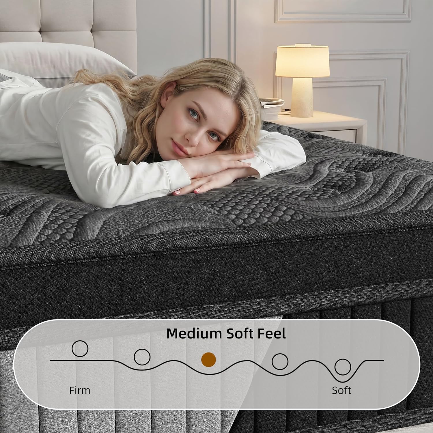 Queen Size 14 Inch Hybrid Mattress in a Box, Medium Firm Black and Gray Fabric Cover with Pocket Spring and Memory Foam - Breathable Supportive Cool Sleep for Back Side Stomach Sleepers