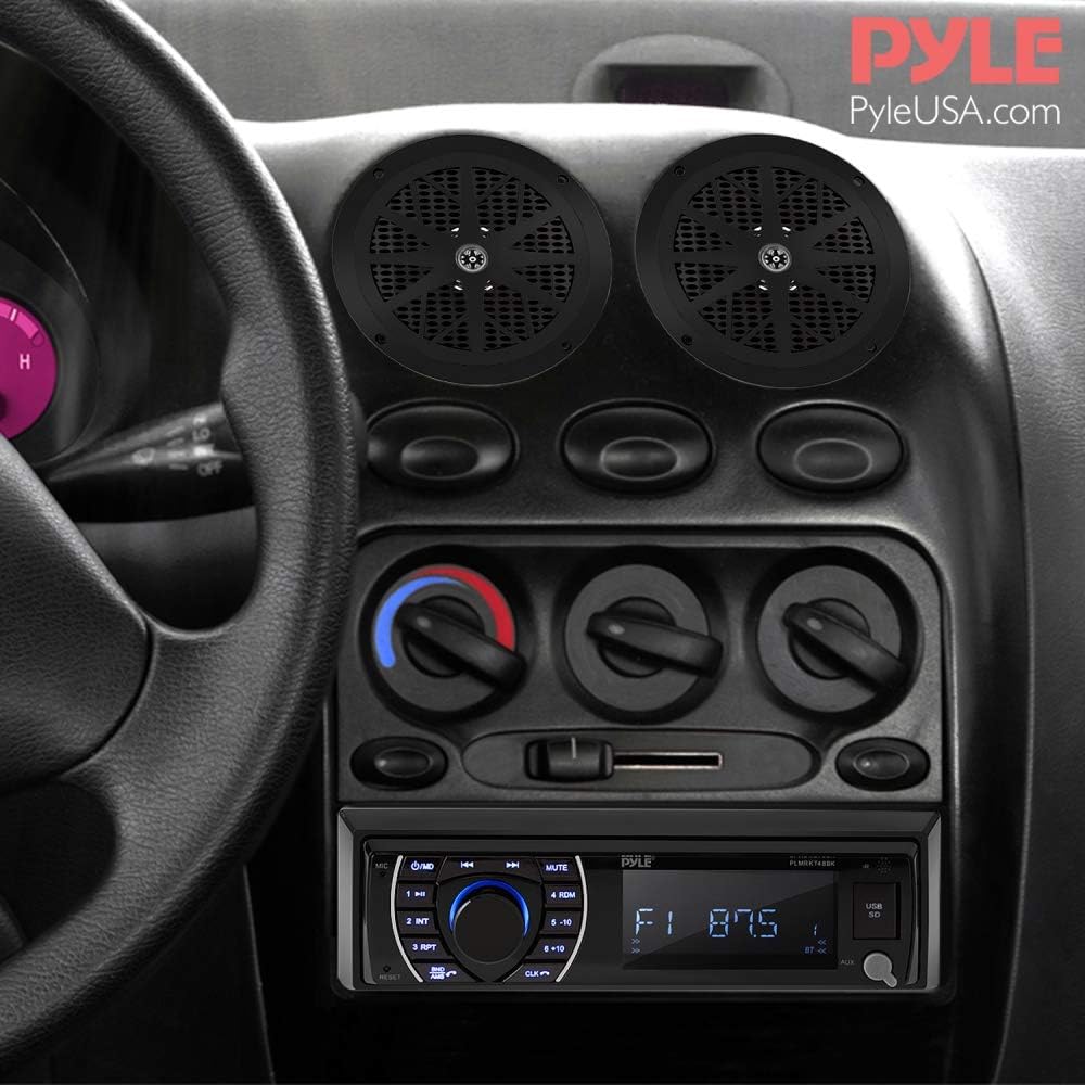 Pyle Marine Head Unit Receiver Speaker Kit - In-Dash LCD Digital Stereo Built-in Bluetooth & Microphone w/ AM FM Radio System 6.5'' Waterproof Speakers (4) MP3/SD Readers & Remote Control -PLMRKT48BK
