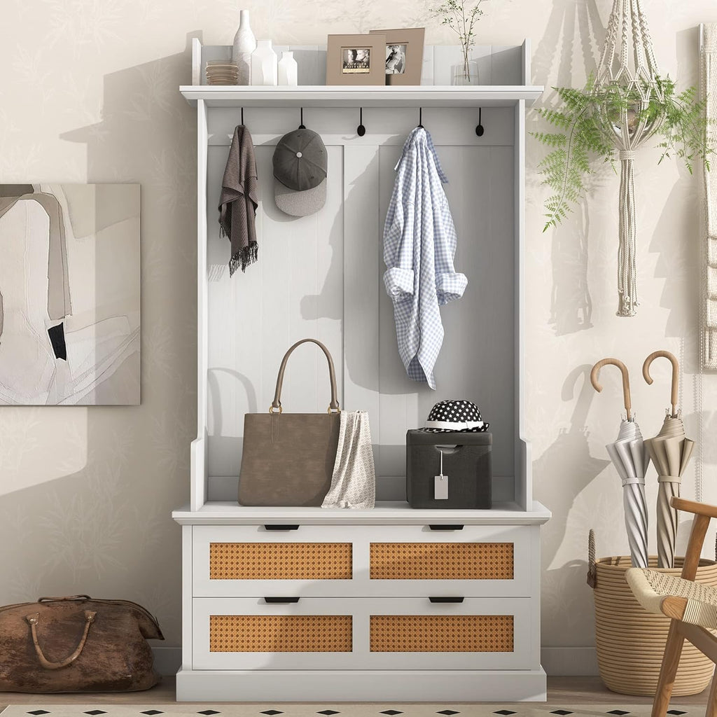 RUNNA Wooden Hall Tree with 5 Metal Hooks and 2 Large Drawers,Organizer with Bench,Top Shelves and Metal Handles,For Hallway Entryway Mudroom Use (White@Hooks)