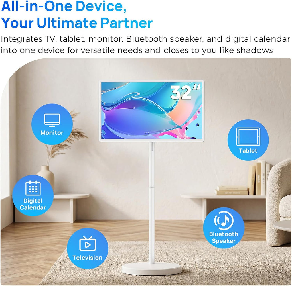 KEFEYA 32" Smart Portable TV, FHD Touch Screen Monitor on Wheels, Voice Remote Control, Wireless Movable Display, 360° Swivel Rotation, Rechargeable 38400mAh Battery,EDLA-Certified,20W Stereo Speakers