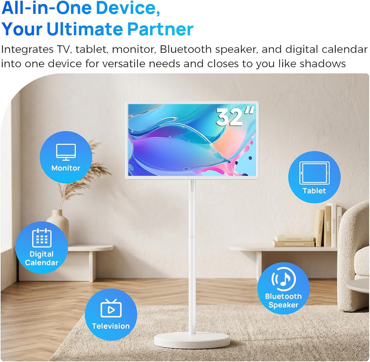 KEFEYA 32" Smart Portable TV, FHD Touch Screen Monitor on Wheels, Voice Remote Control, Wireless Movable Display, 360° Swivel Rotation, Rechargeable 38400mAh Battery,EDLA-Certified,20W Stereo Speakers
