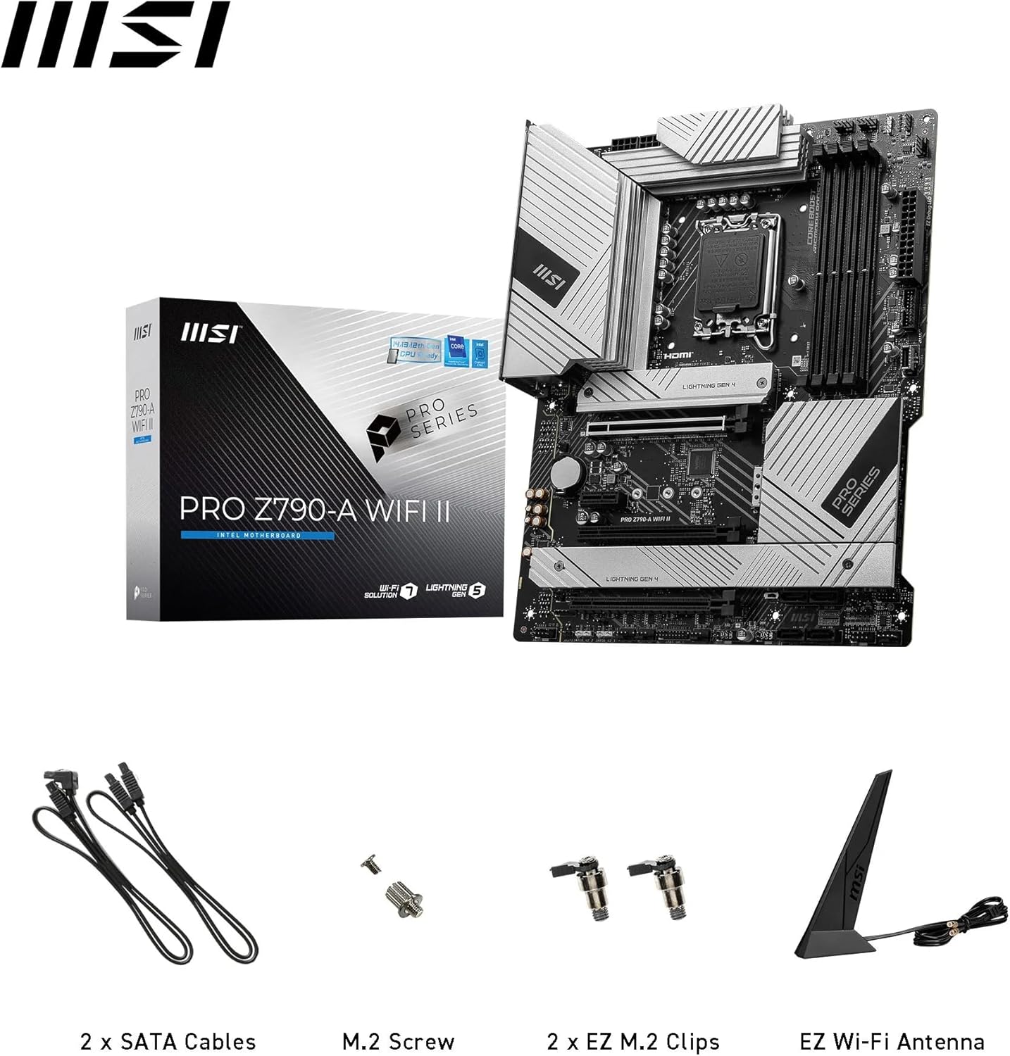 MSI PRO Z790-A WiFi II Motherboard, ATX - Supports Intel Core 14th, 13th & 12th Gen Processors, LGA 1700-80A SPS VRM, DDR5 Memory Boost 7800+MT/s/OC, PCIe 5.0 x16, 4 x M.2 Gen4, Wi-Fi 6E, 2.5G LAN