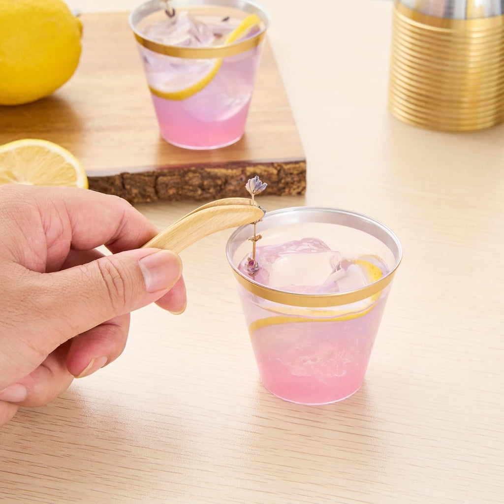 Restaurantware 5 oz Plastic Cups 500 Count Chef 101 Clear Disposable Cup with Gold Rim Drinkware Cold Beverage Tumbler Durable Design for Parties and Events