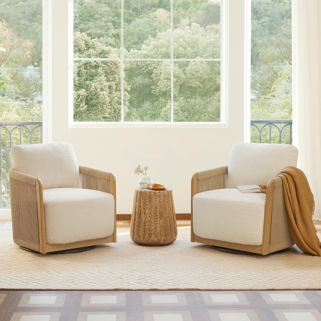 CHITA Braid Swivel Accent Chairs, Modern Comfy Armchair with Transfer-Printed Wood-Like Finish Metal Frame for Living Room and Bedroom, Boho Reading Chair, Cream