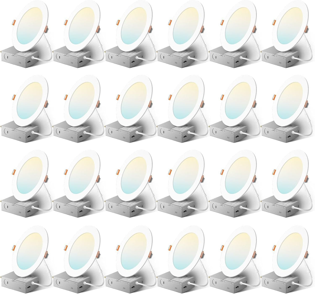 Amico 24 Pack 6 Inch 5CCT Ultra-Thin LED Recessed Ceiling Light with Junction Box, 2700K/3000K/3500K/4000K/5000K Selectable, 1050 Lumens, Dimmable Canless Wafer Downlight, 12W Eqv 110W-ETL&FCC