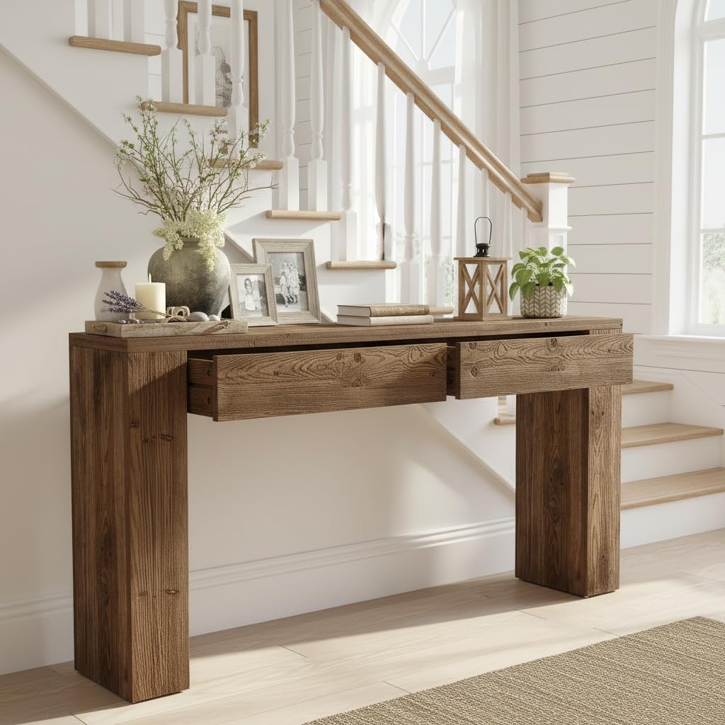 LITTLE TREE Solid Wood 63 Inches Console Table with 2 Drawers, Vintage Brown Sofa Table Behind Couch for Living Room, Long Hallway Foyer Entryway Table for Entrance