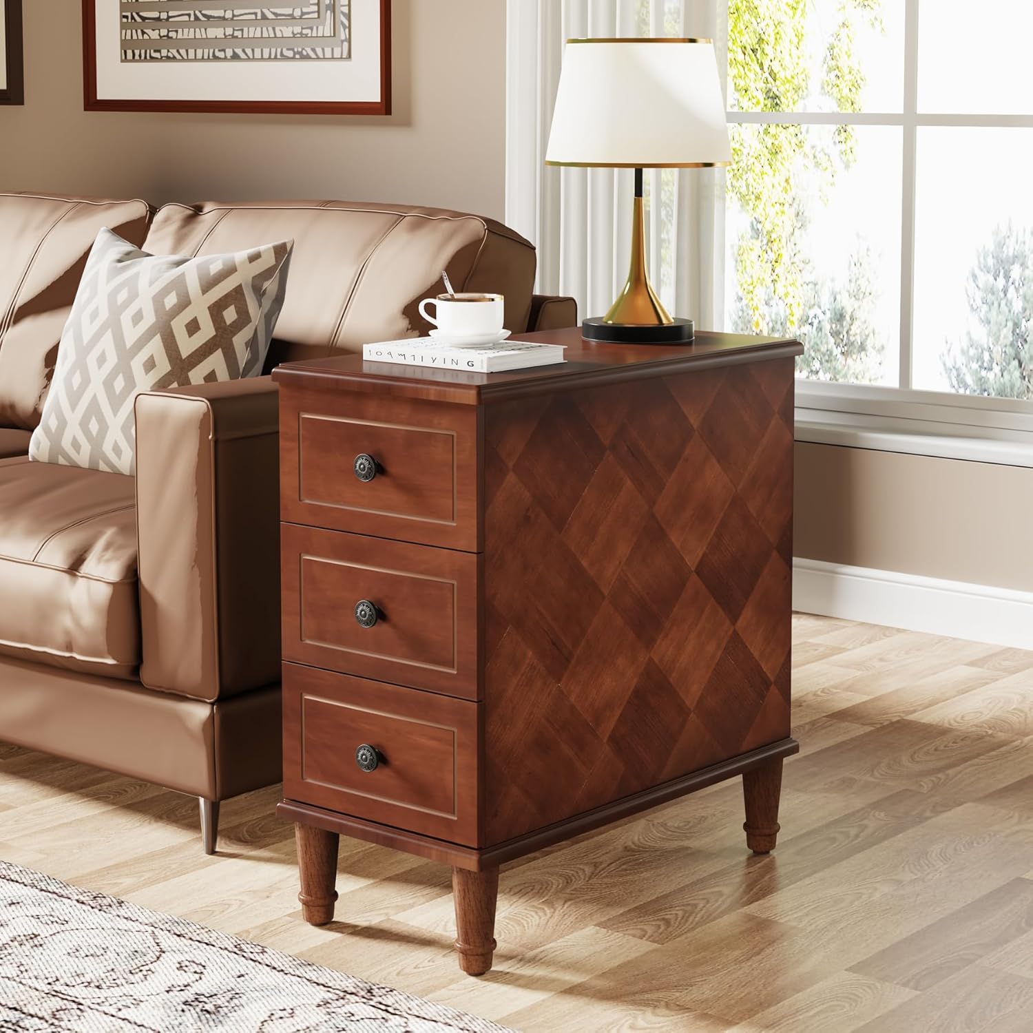 Tribesigns Solid Wood End Table, Fully Assembled Narrow Side Table with Drawers, Pre-Assembled Nightstand Slim Bedside Table for Small Spaces, Living Room, Bedroom, Brown