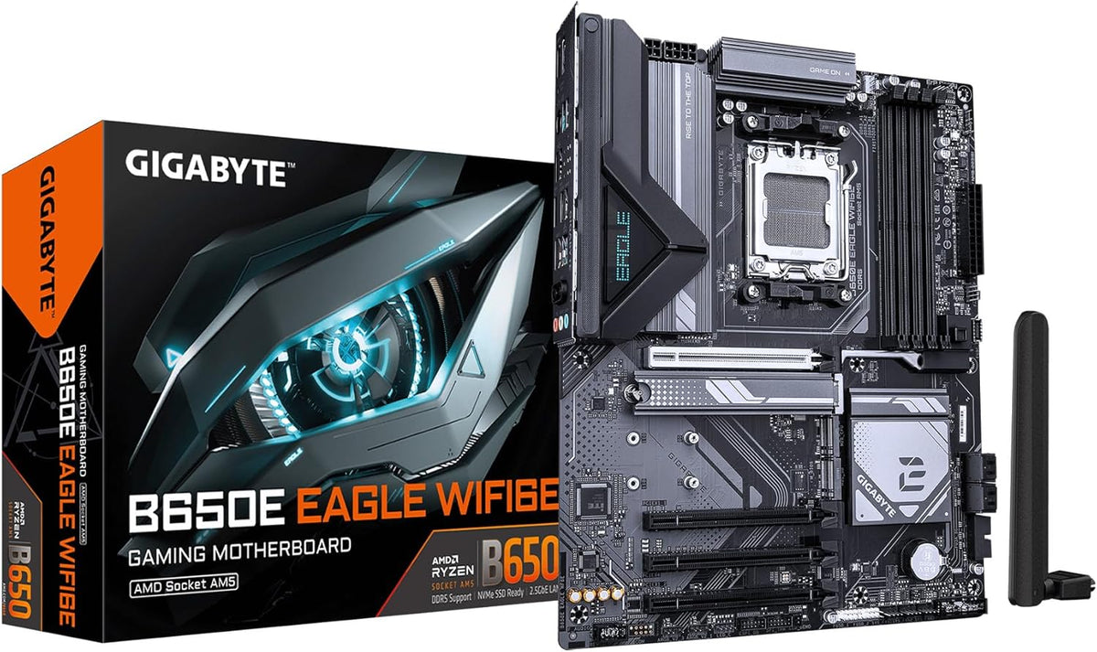 GIGABYTE B650E Eagle WIFI6E AMD AM5 ATX Motherboard, Supports Ryzen 9000/8000/7000 Series, DDR5, 8+2+2 Power Phase, 3X M.2, PCIe 5.0, USB-C 3.2 Gen 1, Wi-Fi 6E, 2.5GbE, Q-Flash, EZ-Latch, RGB Fusion