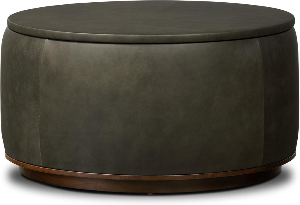 Poly & BARK Herve Storage Ottoman – Round Italian Full-Grain Leather Ottoman with Hidden Storage – Solid Wood Base in Walnut Finish – Olivine Green