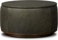 Poly & BARK Herve Storage Ottoman – Round Italian Full-Grain Leather Ottoman with Hidden Storage – Solid Wood Base in Walnut Finish – Olivine Green
