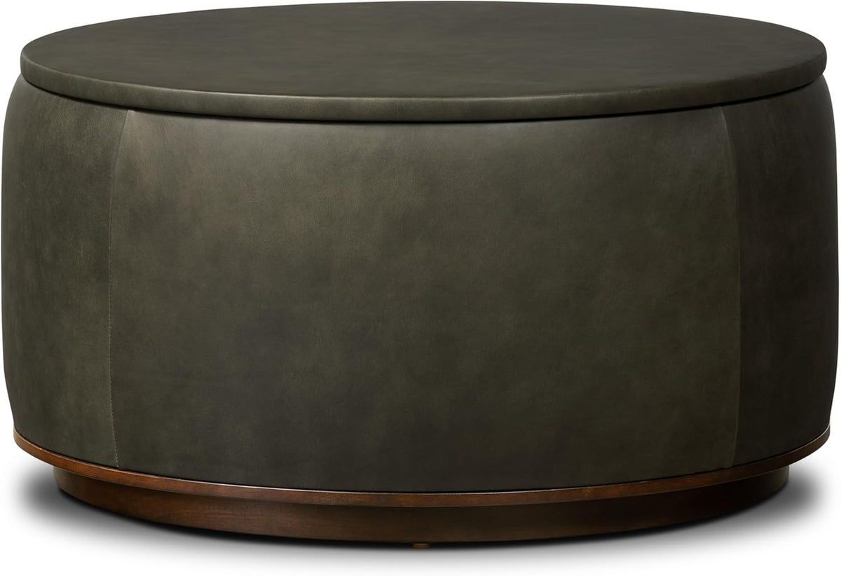 Poly & BARK Herve Storage Ottoman – Round Italian Full-Grain Leather Ottoman with Hidden Storage – Solid Wood Base in Walnut Finish – Olivine Green