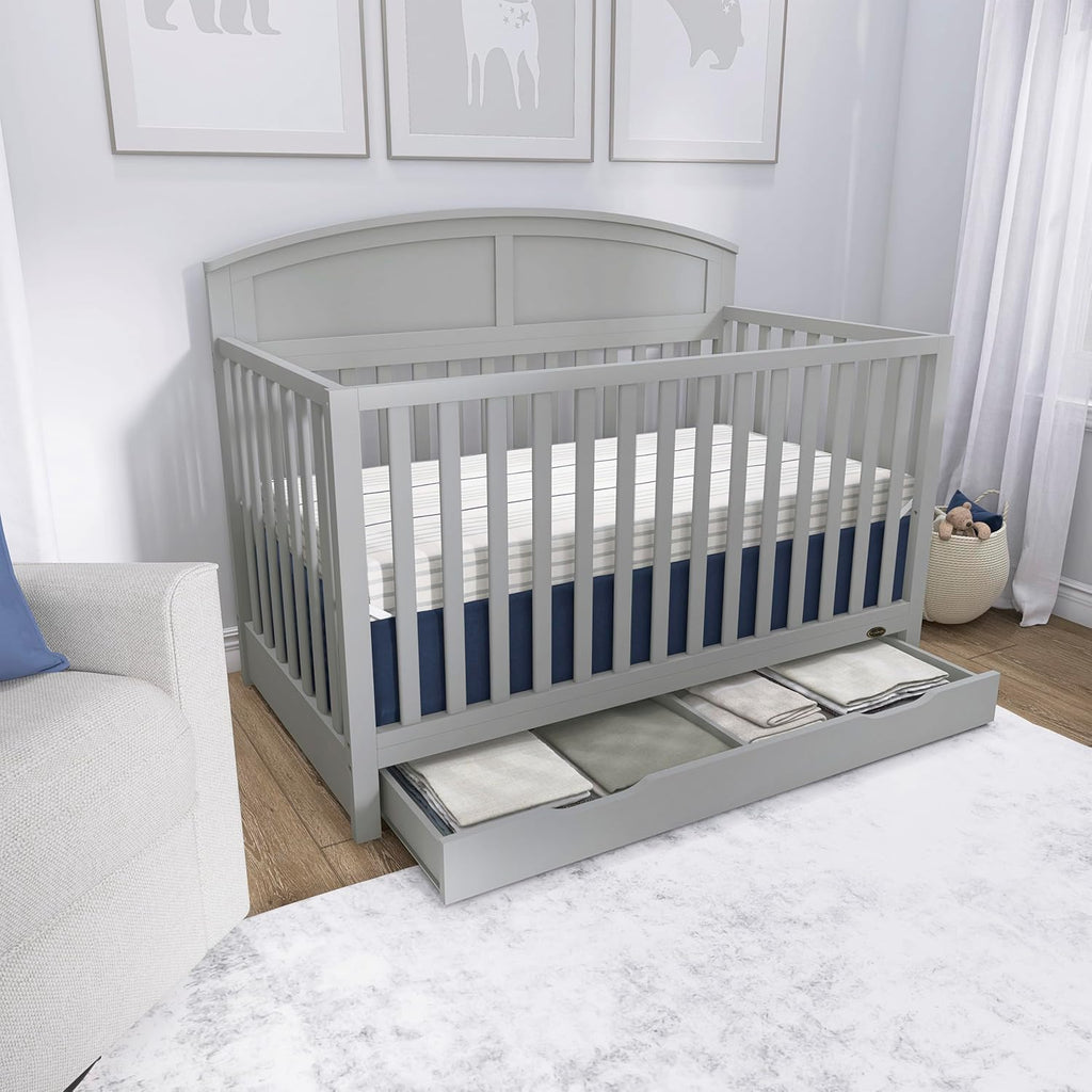 Dream On Me Storybrooke 5-in-1 Convertible Full-Size Crib with Under Drawer, Pebble Grey, GreenGuard Gold & BSA, Convert to Toddler, Day & Full-Size Bed, 3 Mattress Heights, Sustainable Pinewood