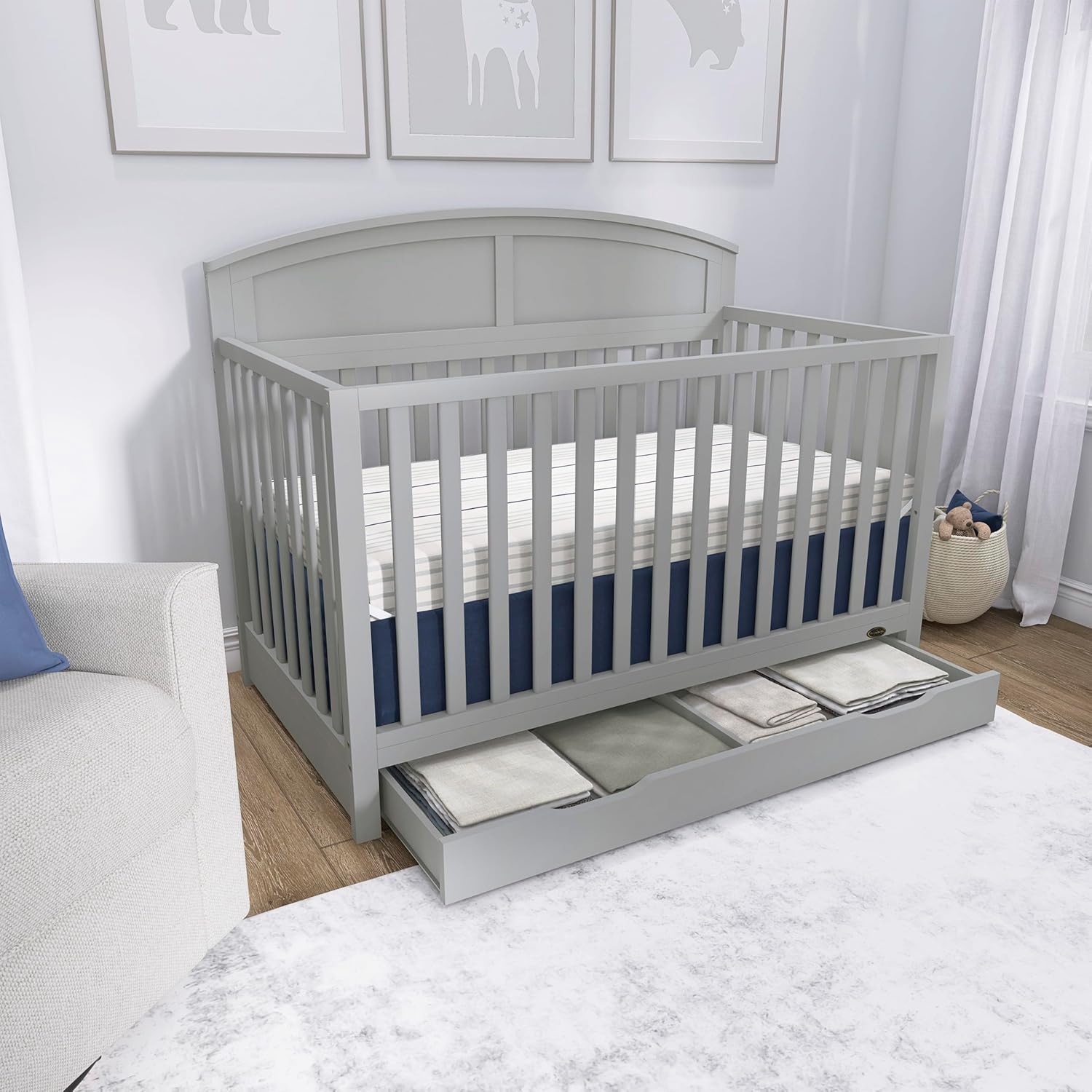 Dream On Me Storybrooke 5-in-1 Convertible Full-Size Crib with Under Drawer, Pebble Grey, GreenGuard Gold & BSA, Convert to Toddler, Day & Full-Size Bed, 3 Mattress Heights, Sustainable Pinewood