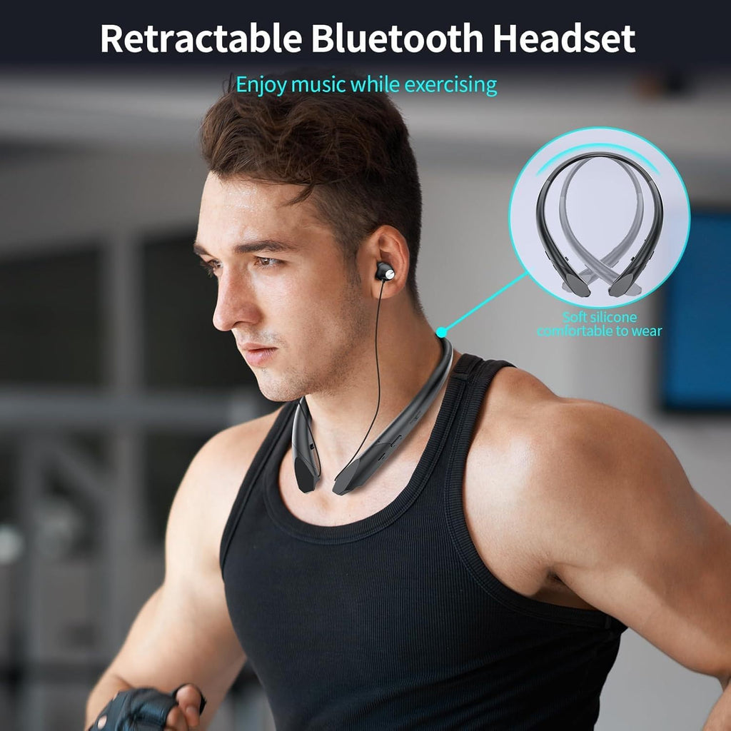 Bluetooth Neckband Headphones with Retractable Earbud Cables, 24H Battery Life, IPX5 Sweatproof Wireless Earbuds, Stereo Surround Sound for Sports, Running, Workouts
