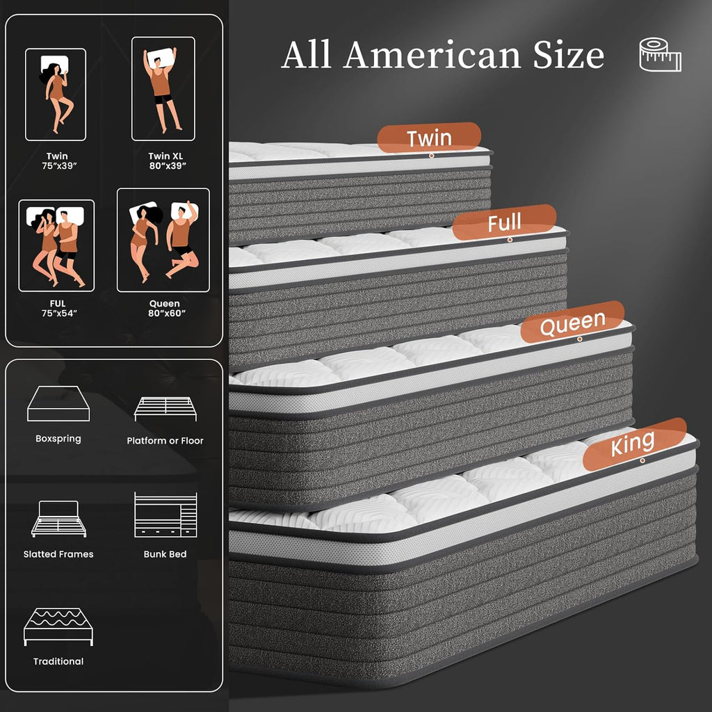 PUBPLON Queen Mattress 12 Inch Hybrid Queen Size-Gel Memory Foam Mattress in a Box, Individually Wrapped Pocket Spring, Pressure Relief Edge Support, Medium Firm