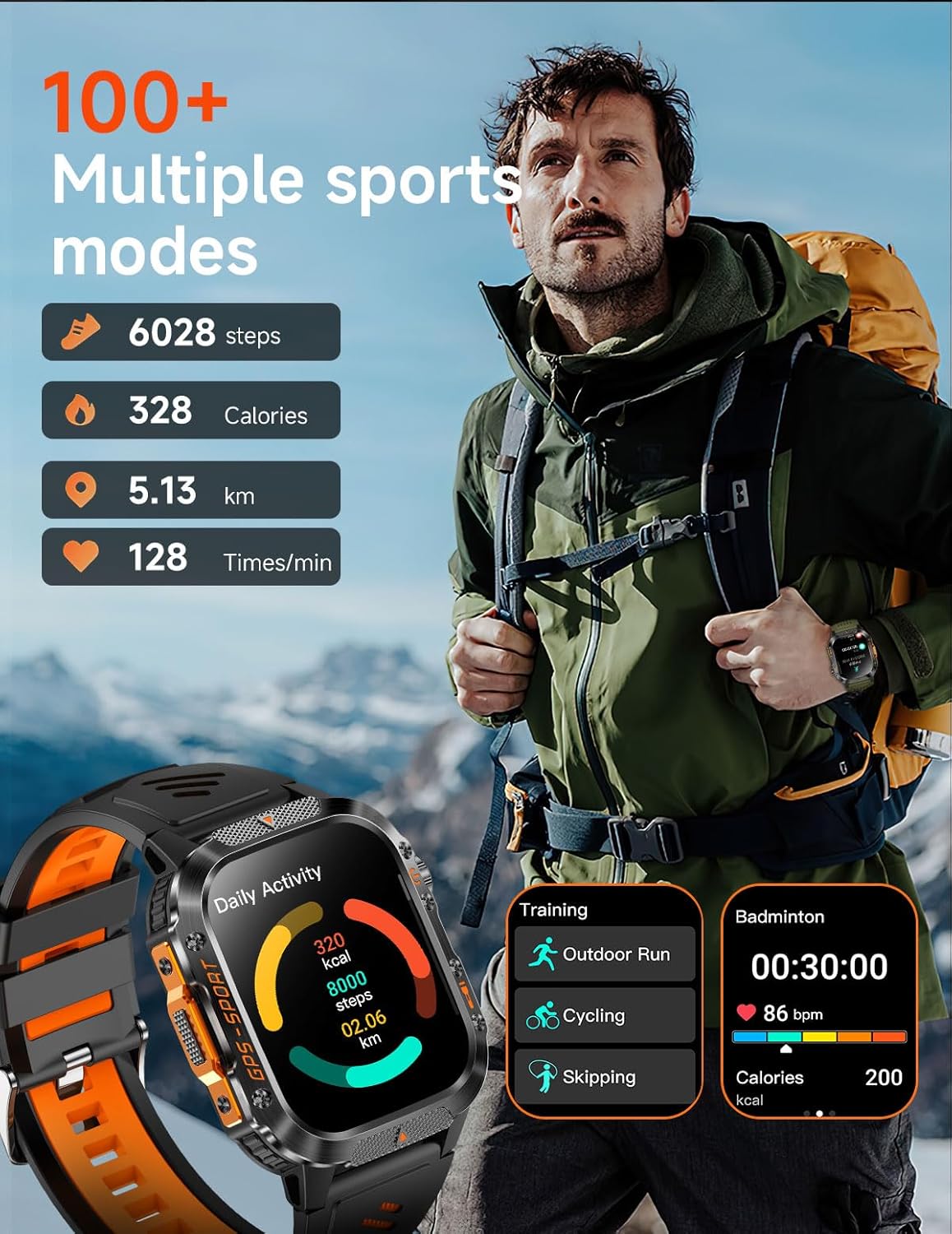 GPS Running Watch for Men Women, 2.01" Fitness Watch with GPS Compass Altimeter, Bluetooth Calls, Heart Rate & Sleep Monitor, Waterproof Outdoor Watch (Blue Silicone Strap)