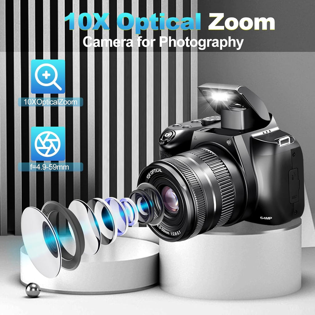4K Digital Camera for Photography with WiFi, 10X Optical Zoom Vlogging Camera for YouTube 64MP Autofocus Compact Camera with 64GB SD Card 2 Batteries, USB Card Reader & Charging Stand Videorecorders