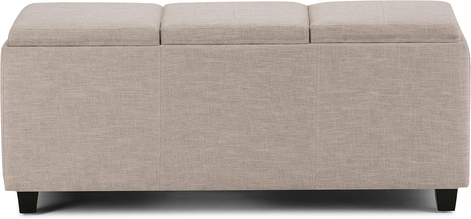 SIMPLIHOME Avalon Storage Ottoman - 42 inch Wide Upholstered Linen Look Fabric Rectangular Flip-Top Ottoman in Natural, Contemporary Coffee Table Ottoman for Living Room with Hidden Storage