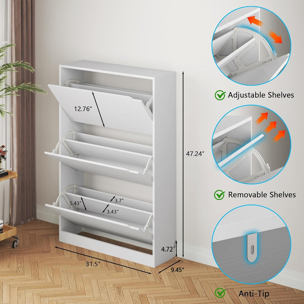 BORNOON Shoe Cabinet with 3 Flip Drawers, Hidden Wood Shoe Cabinet,Freestanding Shoe Storage Cabinet for Entryway Hallway.White. 47.2" H*31.5" W*9.45" D.