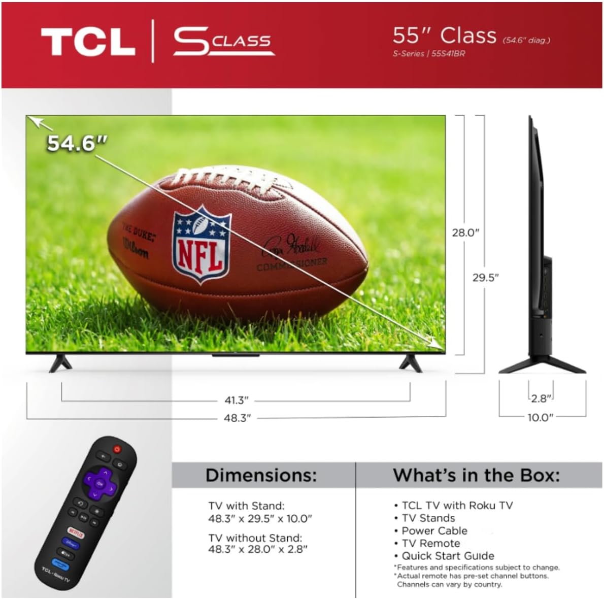 TCL 55S41BR 55" Class S4 4K Ultra HD HDR LED Smart TV (Renewed)