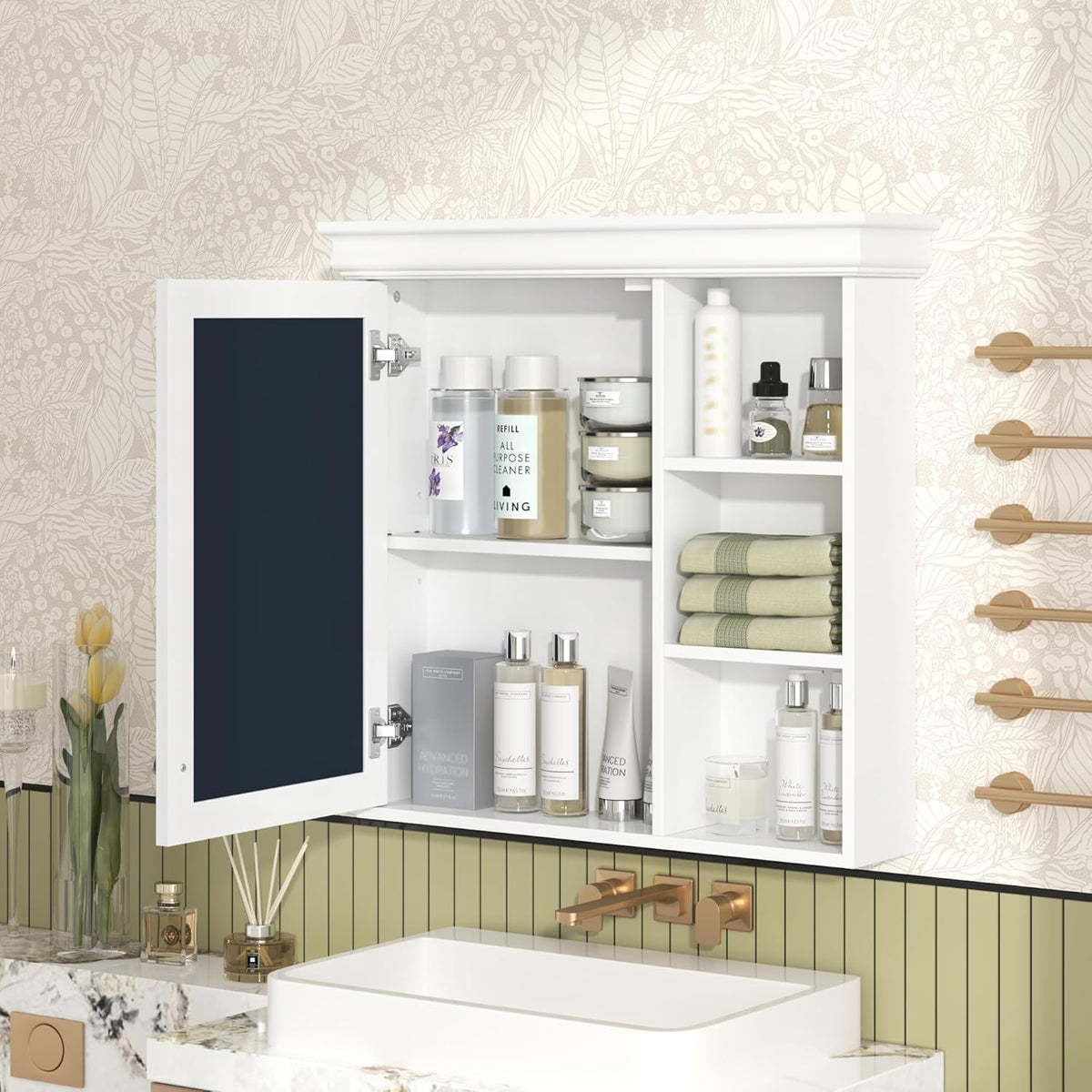Merax Modern Bathroom Medicine Cabinet with Mirror, 30" x 28" Wall Mounted White Medicine Cabinet with Storage and Open Shelves,Over The Toilet Mirrored Bathroom Storage Wall Cabinet