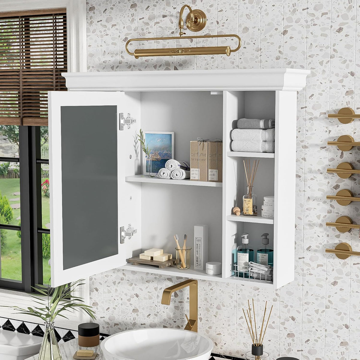 Merax Country Bathroom Medicine Cabinet with Mirror, Farmhouse Wall Mounted Medicine Cabinet with Door and Shelves, Over The Toilet Mirrored Bathroom Storage Wall Cabinet