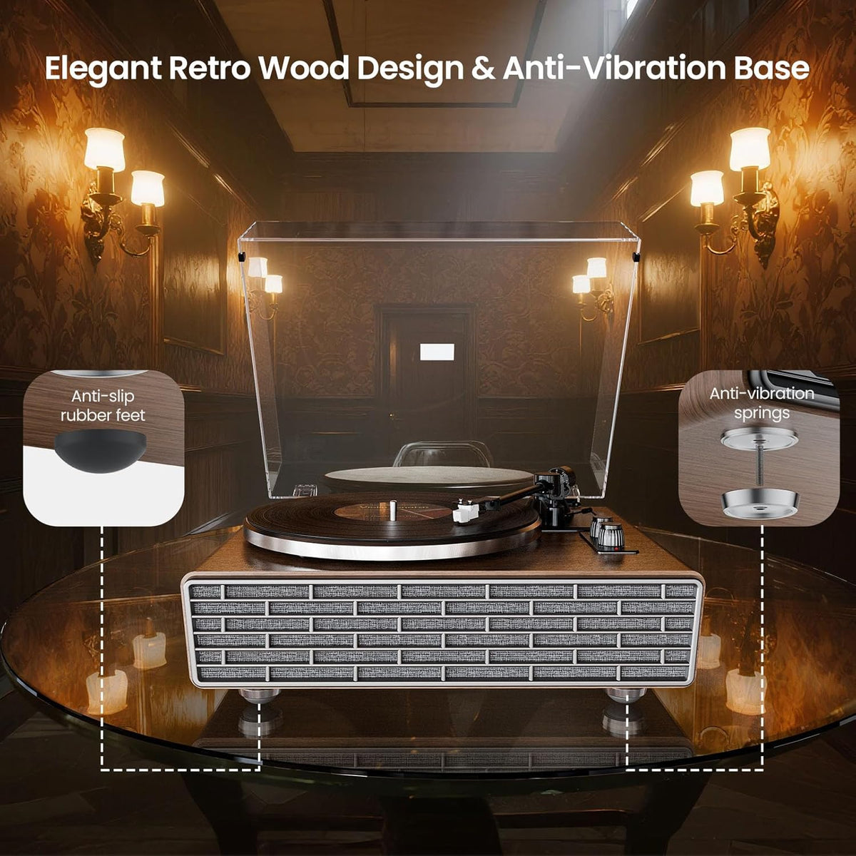 XJ-HOME All in One Vinyl Record Player with 4 Treble/Bass Stereo Speakers,Bluetooth HiFi Turntables for Vinyl Records with Magnetic Cartridge AT-3600L,Phono Preamp,33/45RPM,2-Speed,AUX in/RCA Out