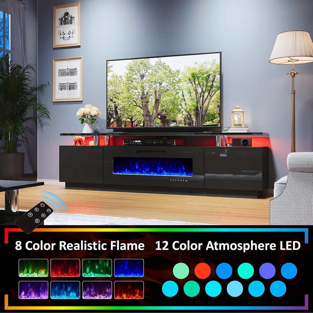 AMERLIFE 3 Piece Modern Living Room Table Set, Includes 80" High Gloss Fireplace TV Stand, 2-Tier Coffee Table, LED Lights Entertainment Center Set for Living Room, Black