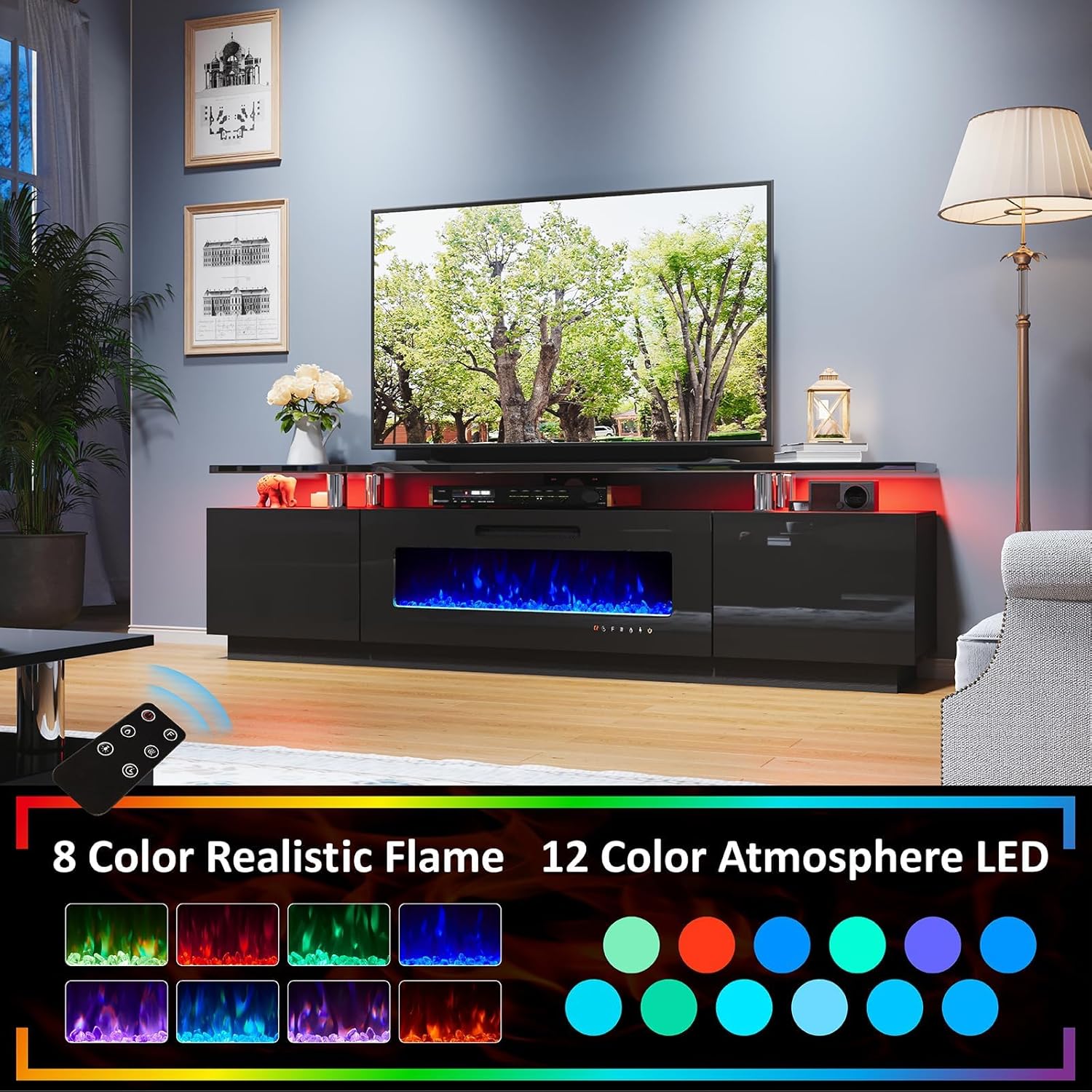 AMERLIFE 3 Piece Modern Living Room Table Set, Includes 80" High Gloss Fireplace TV Stand, 2-Tier Coffee Table, LED Lights Entertainment Center Set for Living Room, Black
