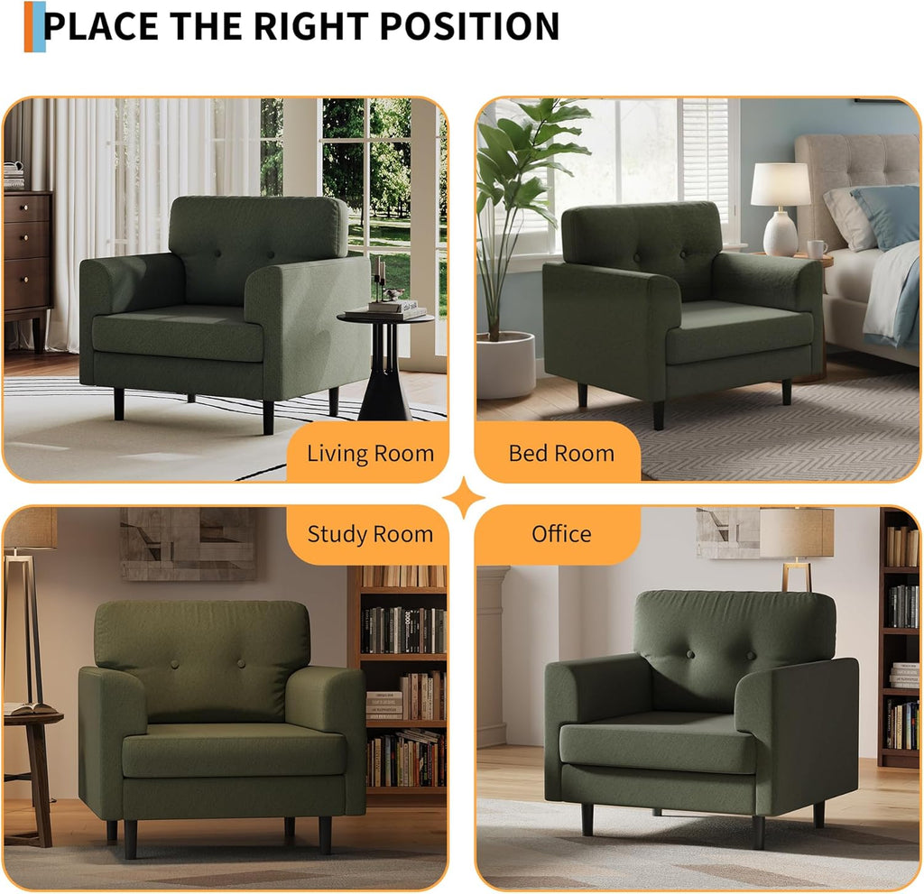 Garvee 38" Wide Sage Green Accent Chair, Modern Linen Upholstered Armchair with High-Density Foam, Comfy Reading & Lounge Chair for Living Room, Bedroom, Home Office & Reading Nook (Earthy Green Tone)