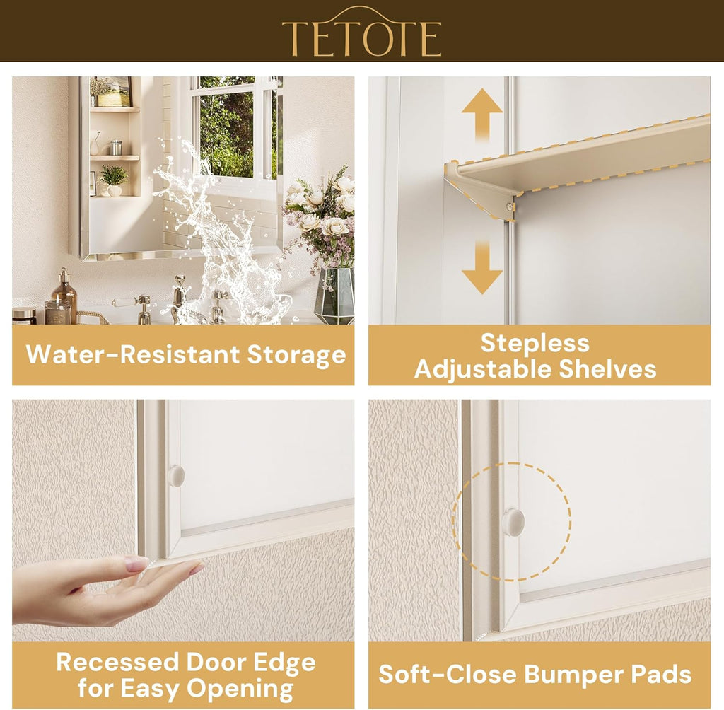 TETOTE 48 x 24 Medicine Cabinet with Tempered Beveled MirrorSilverMedicine Cabinet Mirror Aluminum Cabinet DTC Hinges, Stepless Adjustable Shelves, Recessed/Surface-Mounted