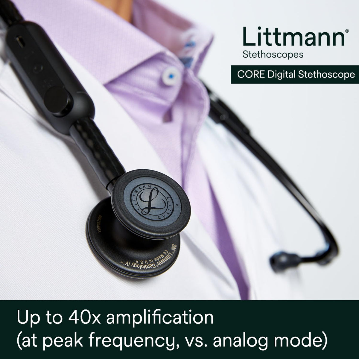3M Littmann CORE Digital Stethoscope, Our Most Advanced Stethoscope Yet, Up To 40x Amplification, Active Noise Cancellation, In-App Sound Wave Visualization, Black-Finish Chestpiece, 8480