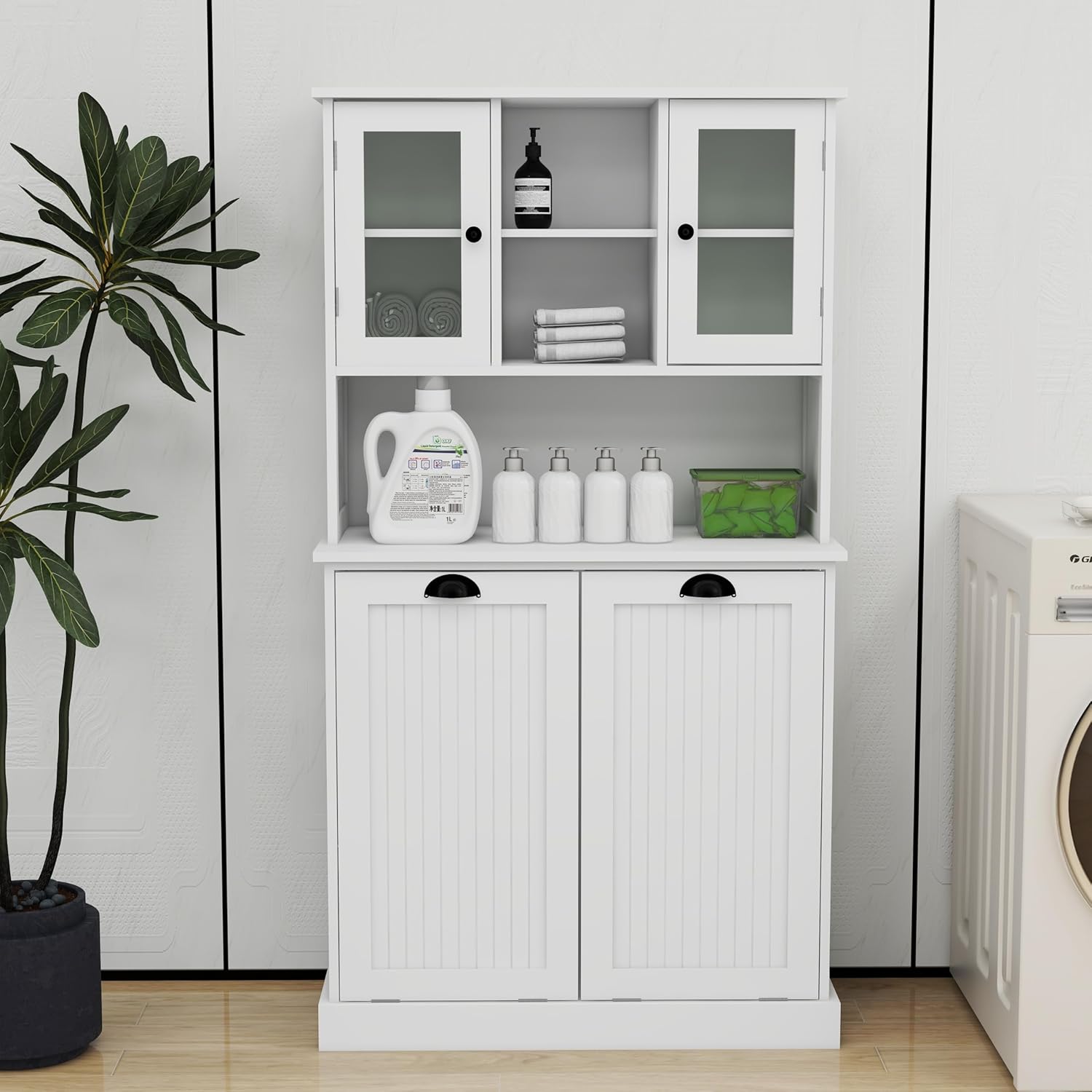 Laundry Room Storage Cabinets with Tilt-Out Double Doors, Laundry Cabinet with 2 Removeable Non-Woven Bags and Glass Doors 60” Tall Bathroom Cabinet with Adjustable Shelves (White)