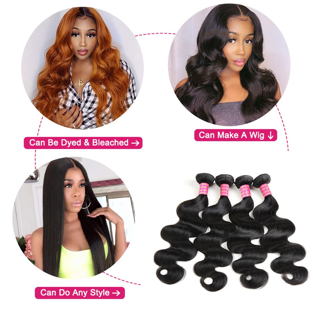 YISEA Human Hair Bundles Body Wave 4 Bundles (30 28 26 24 inches) 12A Grade Brazilian Virgin 100% Unprocessed Human Hair Body Wavy Bundles Natural Black Weave Hair Extensions