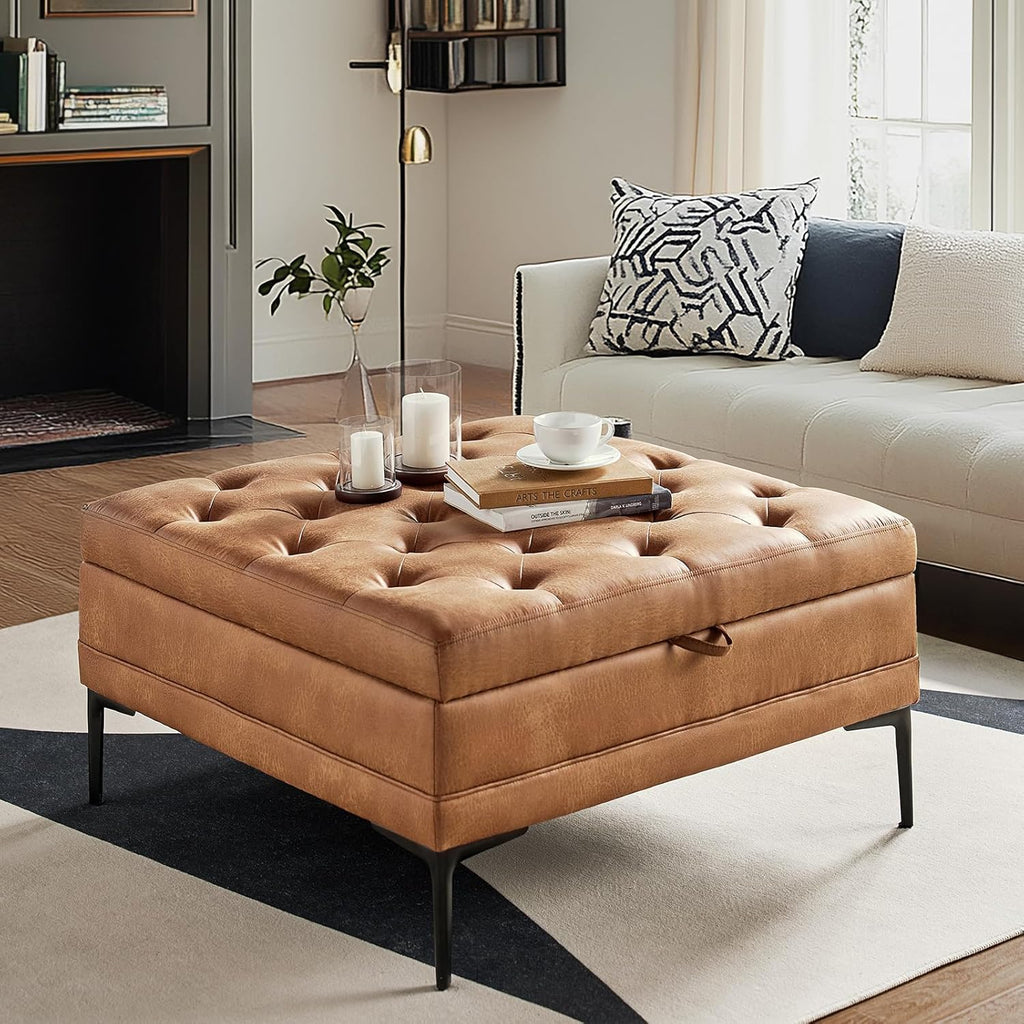 HULALA HOME Faux Leather Coffee Table, 36.5" Square Storage Ottoman with Metal Legs, Button-Tufted Coffee Table with Storage for Living Room, Camel