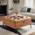 HULALA HOME Faux Leather Coffee Table, 36.5" Square Storage Ottoman with Metal Legs, Button-Tufted Coffee Table with Storage for Living Room, Camel