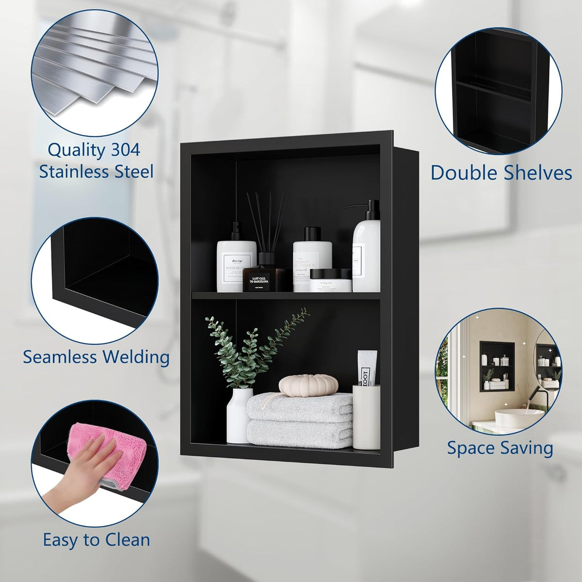 Qeke 14x18 Medicine Cabinet Recessed, Medicine Cabinet Without Mirror, 304 Stainless Steel Medicine Wall Niche with Double Shelves, Matte Black