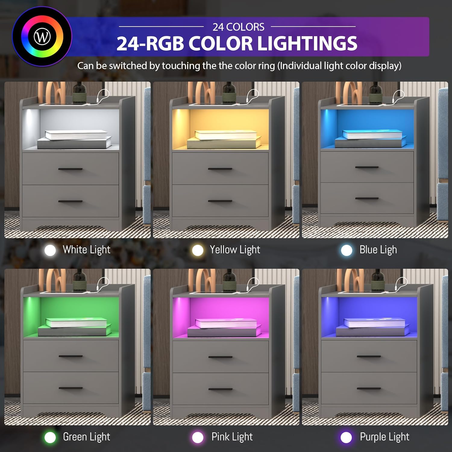 dnbss Grey Night Stand with Wireless Charging Station, Nightstand with 2 Drawers, Smart Bedside Table with 24-Color RGB Lighting, Modern LED Lighted Nightstand for Bedroom